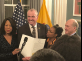 Lieutenant Governor Sheila Oliver, Governor Phil Murphy, Rutgers African-American Alumni Alliance president Kendall Hall, and President Barchi at a reception
